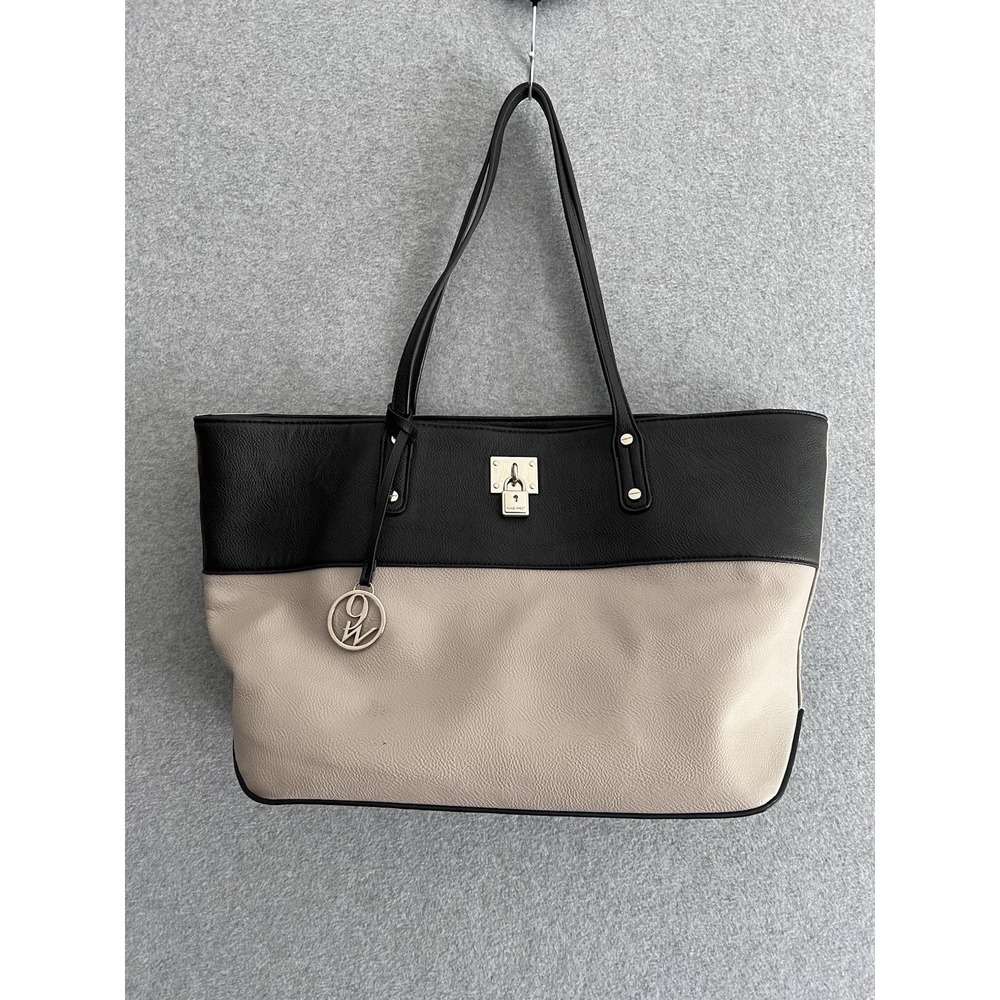 Nine West Handbag PreOwned Condition Black/Beige‎ Padlock Design Faux Leather